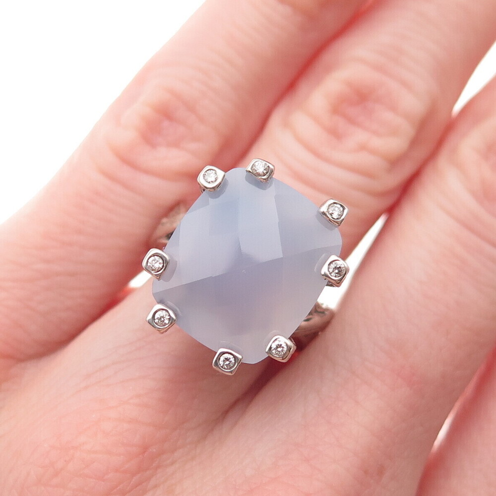 925 Sterling Silver Vintage Real Diamond & Chalcedony Modernist Ring Size 5.5